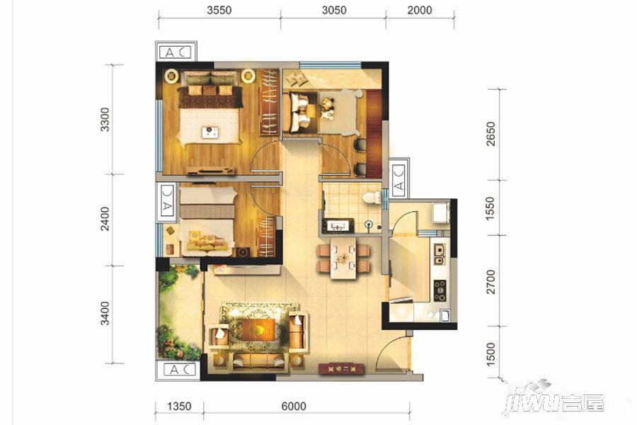 香瑞楠府3室2厅1卫73.6㎡户型图