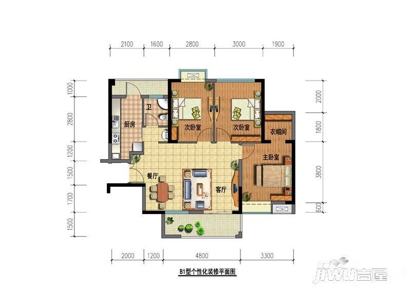 青南美湾3室2厅1卫91.1㎡户型图