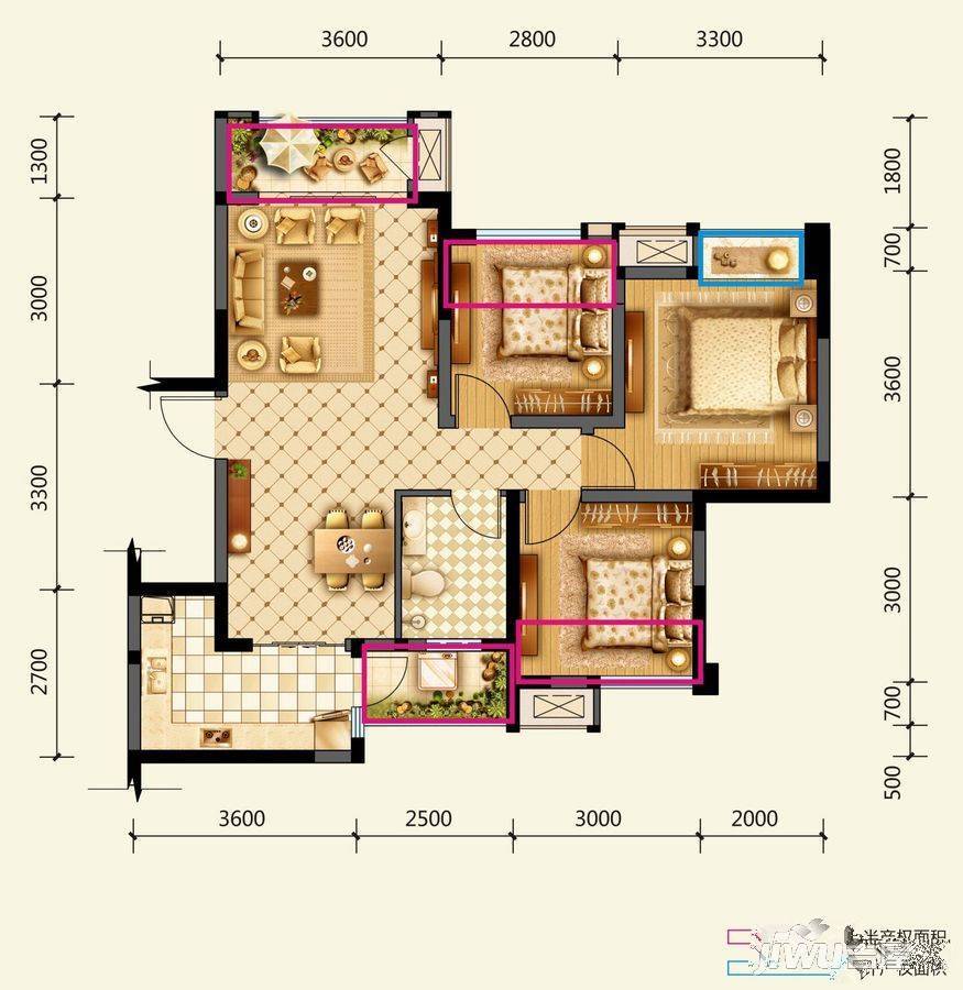 绿地启航社3室2厅1卫88㎡户型图