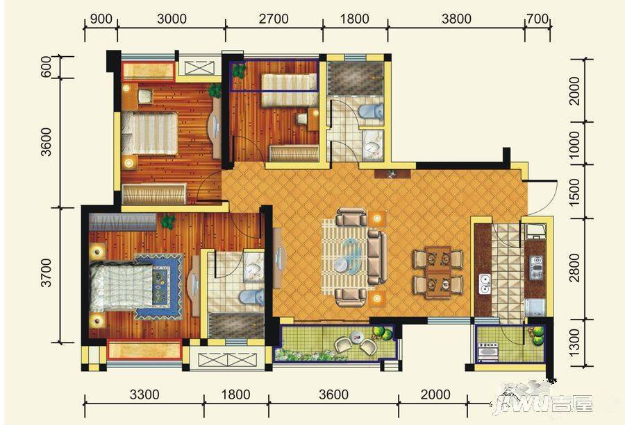 绿地启航社3室2厅2卫97㎡户型图