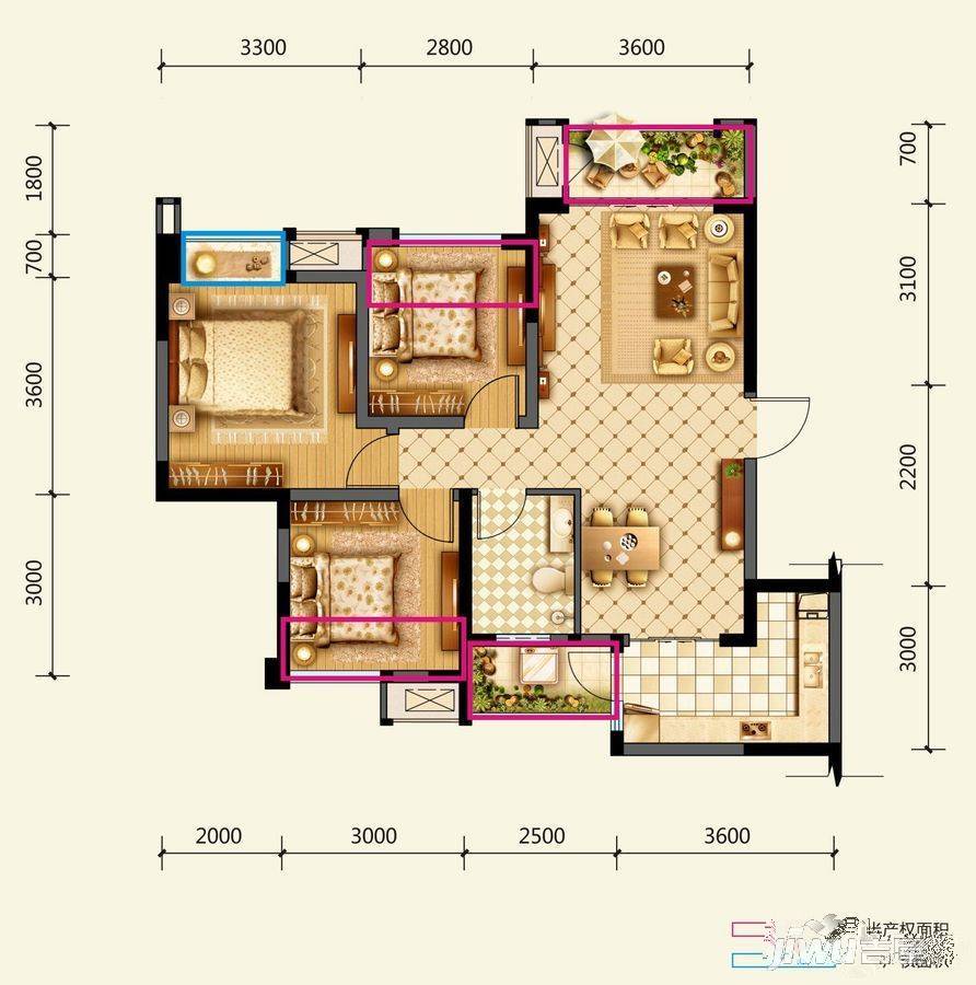 绿地启航社3室2厅1卫88㎡户型图