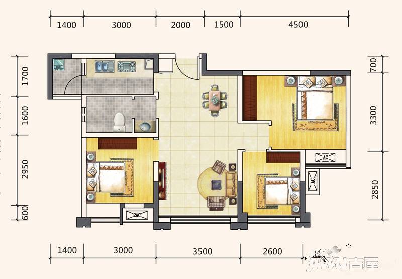 蓝润棠湖春天V客3室2厅1卫80㎡户型图