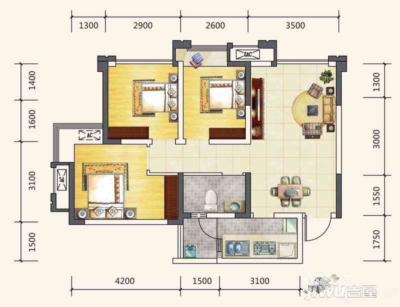 蓝润棠湖春天V客3室2厅1卫74㎡户型图