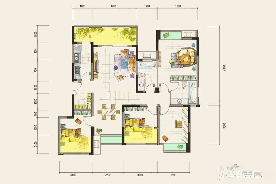 中国西部文化城商铺4室2厅2卫124.3㎡户型图