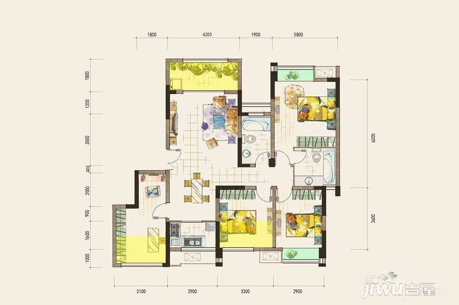 中国西部文化城商铺3室2厅2卫117㎡户型图