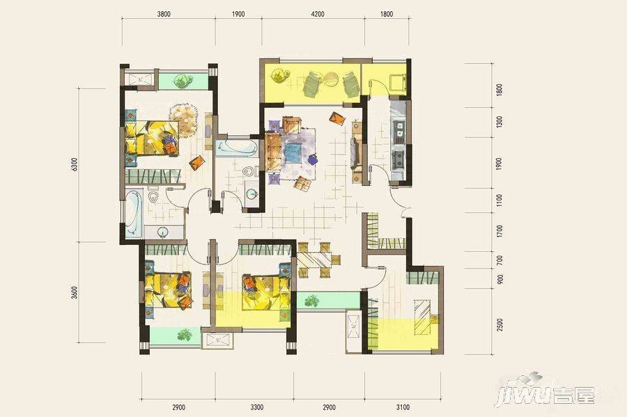 中国西部文化城商铺3室2厅2卫125.1㎡户型图