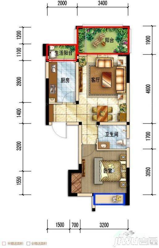 西城锦绣1室2厅1卫52㎡户型图