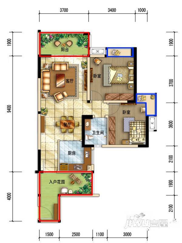 西城锦绣2室2厅1卫84.1㎡户型图