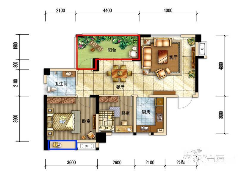 西城锦绣2室2厅1卫77.6㎡户型图