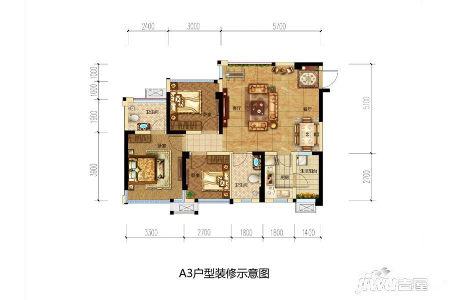 朗基少东家3室2厅2卫78㎡户型图