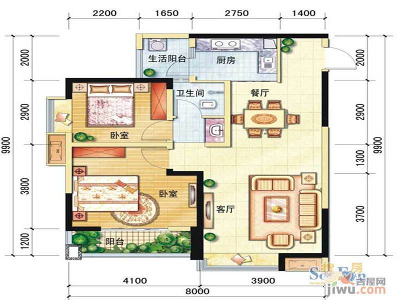 置信逸都2室2厅1卫86.2㎡户型图