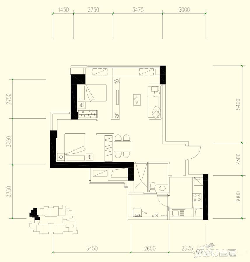 恒大都汇华庭2室2厅1卫88㎡户型图