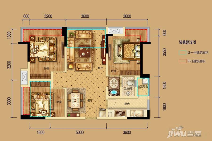 保利狮子湖红杉郡3室2厅1卫82㎡户型图