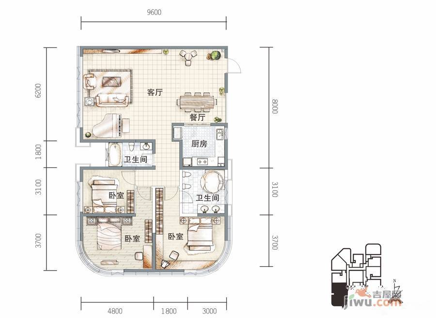 莱普敦公馆3室2厅2卫173㎡户型图