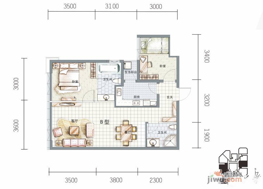 莱普敦公馆2室2厅2卫84㎡户型图