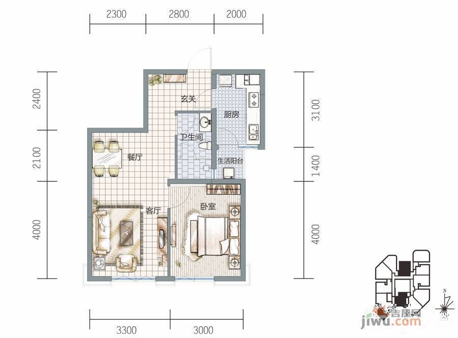 莱普敦公馆1室2厅1卫63㎡户型图