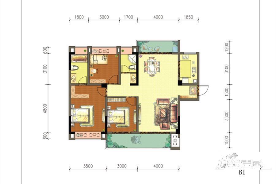 翡翠湾源著3室2厅2卫123㎡户型图