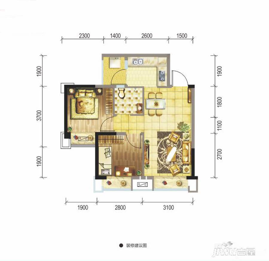 交大归谷建设派2室2厅1卫58㎡户型图