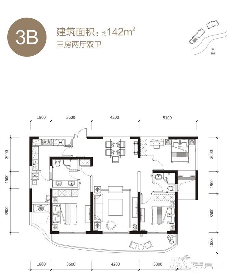 大魔方3室2厅2卫142㎡户型图