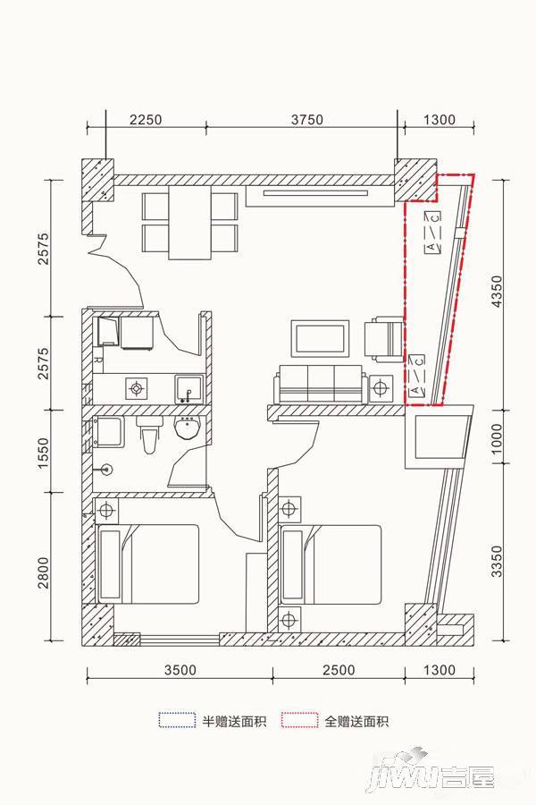 百维广场2室2厅1卫76㎡户型图