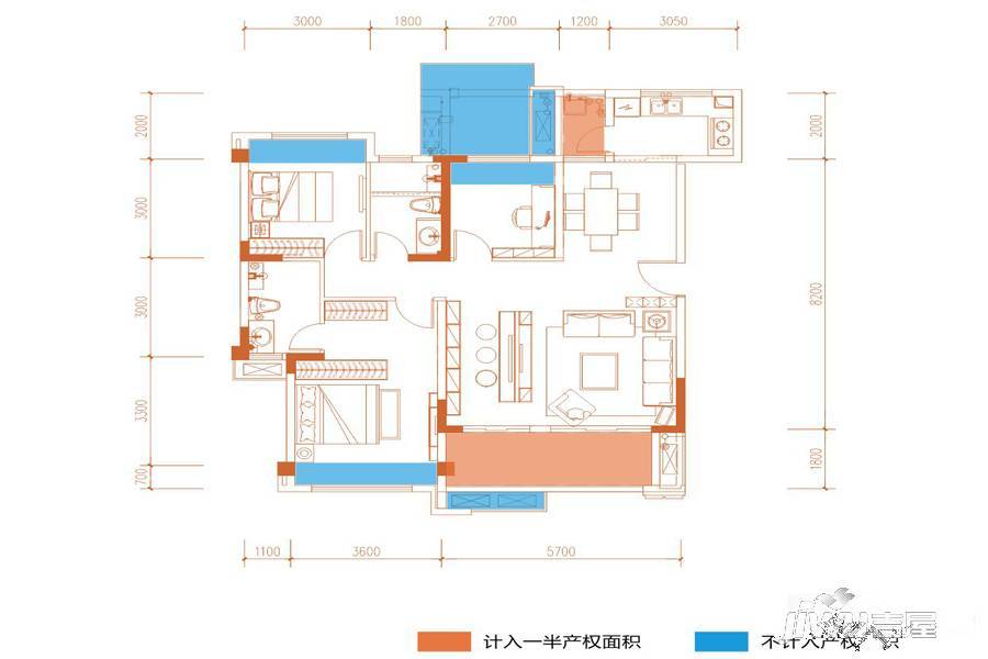 中航城3室3厅2卫110㎡户型图