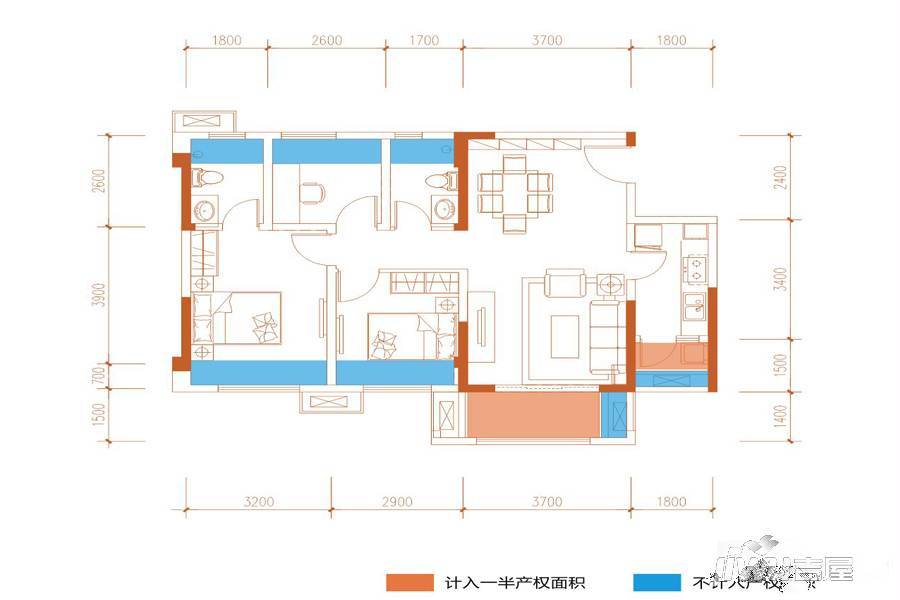 中航城3室2厅2卫90㎡户型图