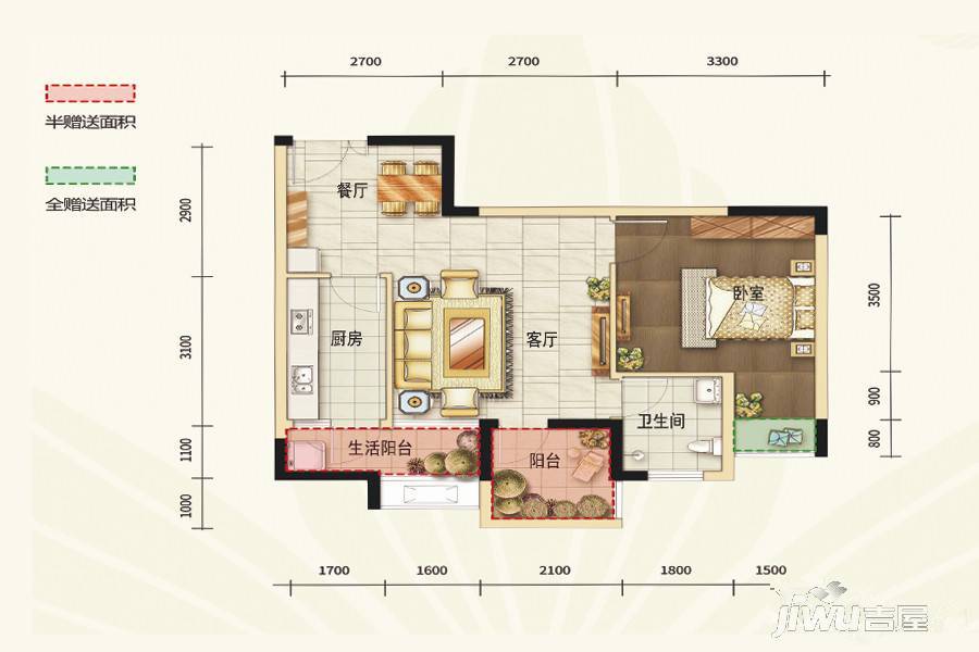 桂湖名城2室2厅1卫59㎡户型图