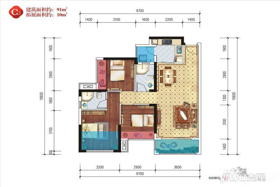 龙光君悦华庭3室1厅2卫91㎡户型图