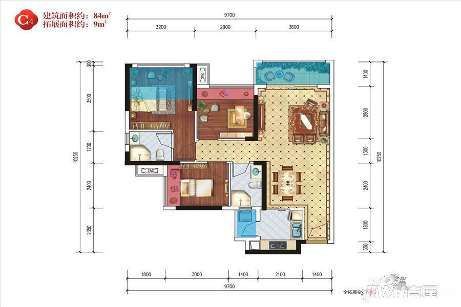 龙光君悦华庭2室1厅2卫84㎡户型图