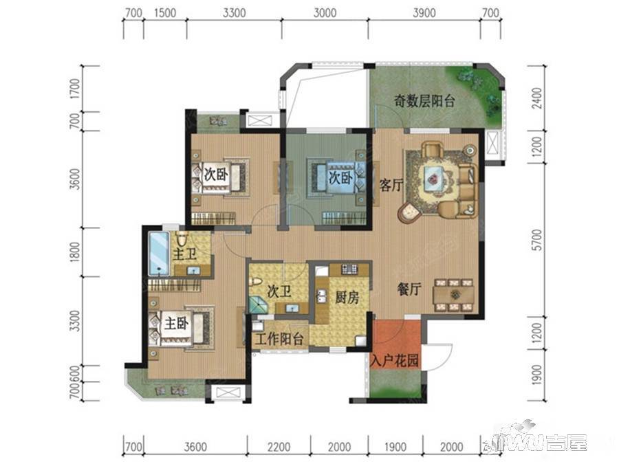 心怡中丝园3室2厅2卫102㎡户型图