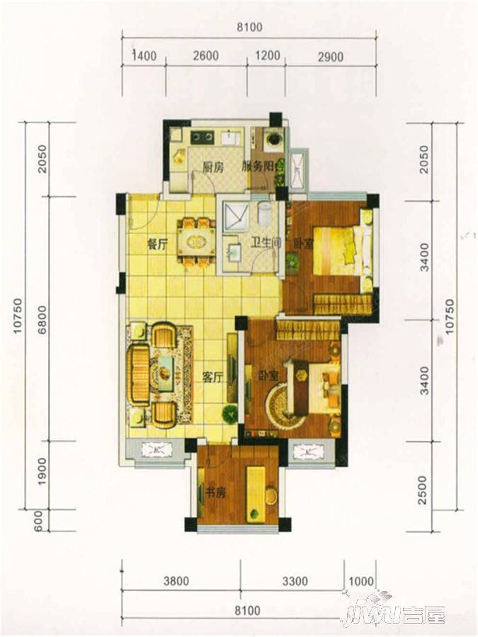 远大林语城3室2厅1卫73.3㎡户型图