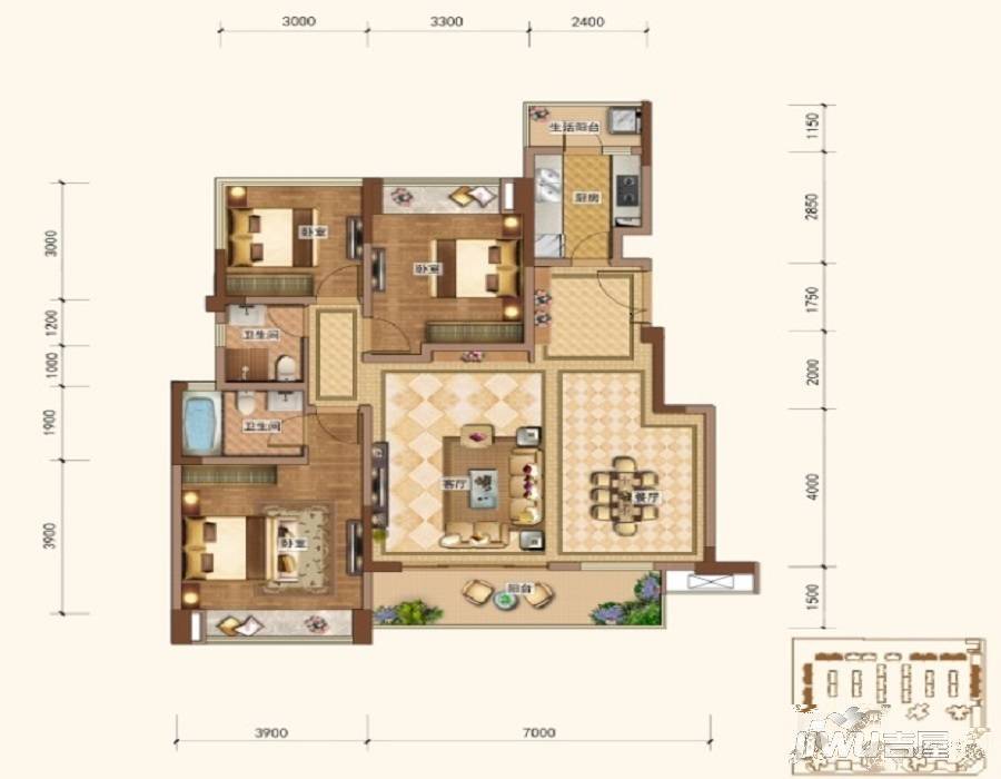 皇冠湖壹号3室2厅2卫119㎡户型图