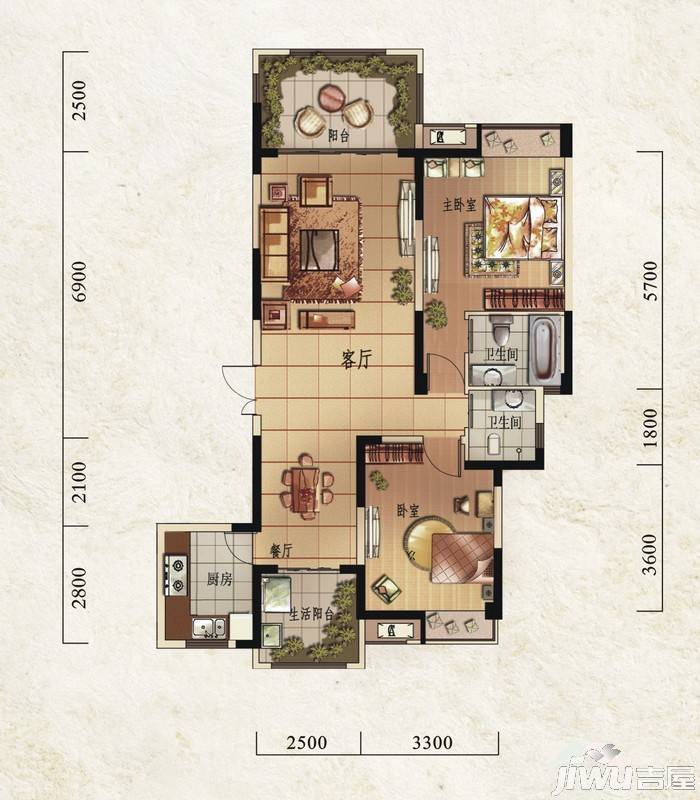 欧郡A区2室2厅2卫106㎡户型图