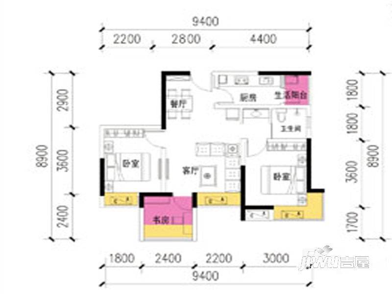 新津老码头2室2厅1卫72.4㎡户型图