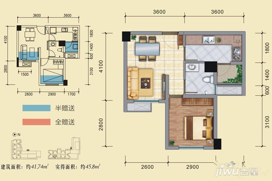 交大梦家商铺1室2厅1卫41.7㎡户型图