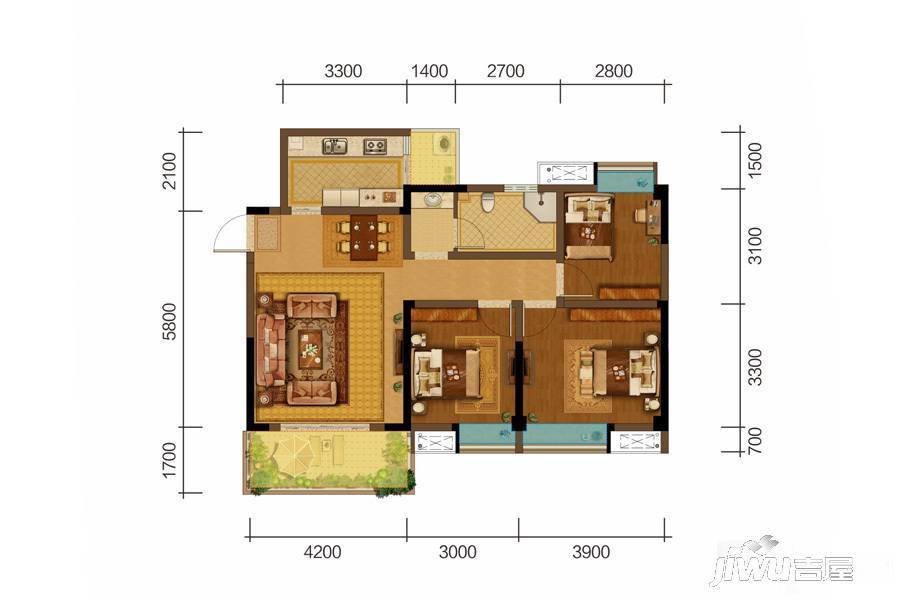 北成8号3室2厅1卫102.2㎡户型图