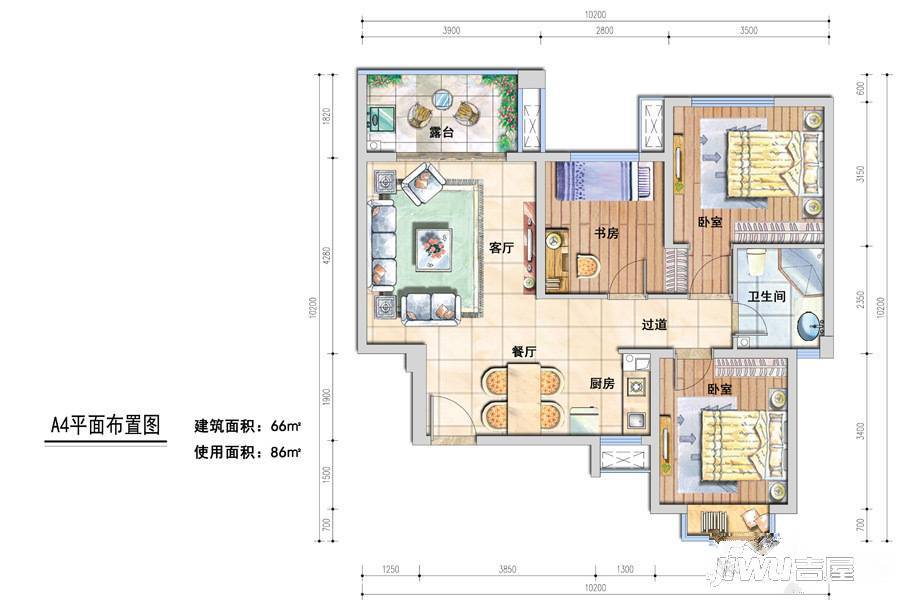 宝信青城3室1厅1卫66㎡户型图