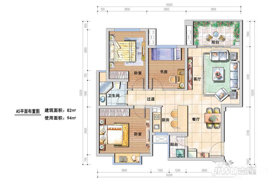 宝信青城3室2厅1卫82㎡户型图