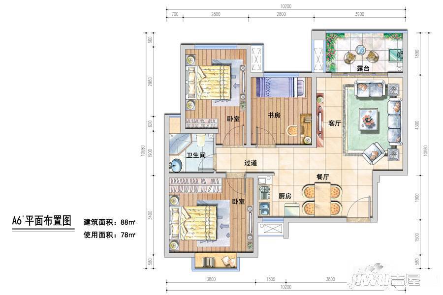 宝信青城3室1厅1卫88㎡户型图