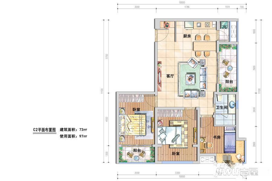 宝信青城3室2厅1卫73㎡户型图