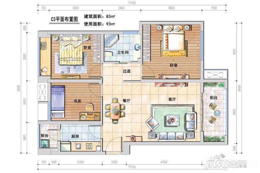 宝信青城3室1厅1卫83㎡户型图