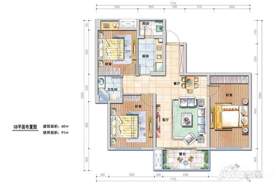 宝信青城3室2厅1卫60㎡户型图