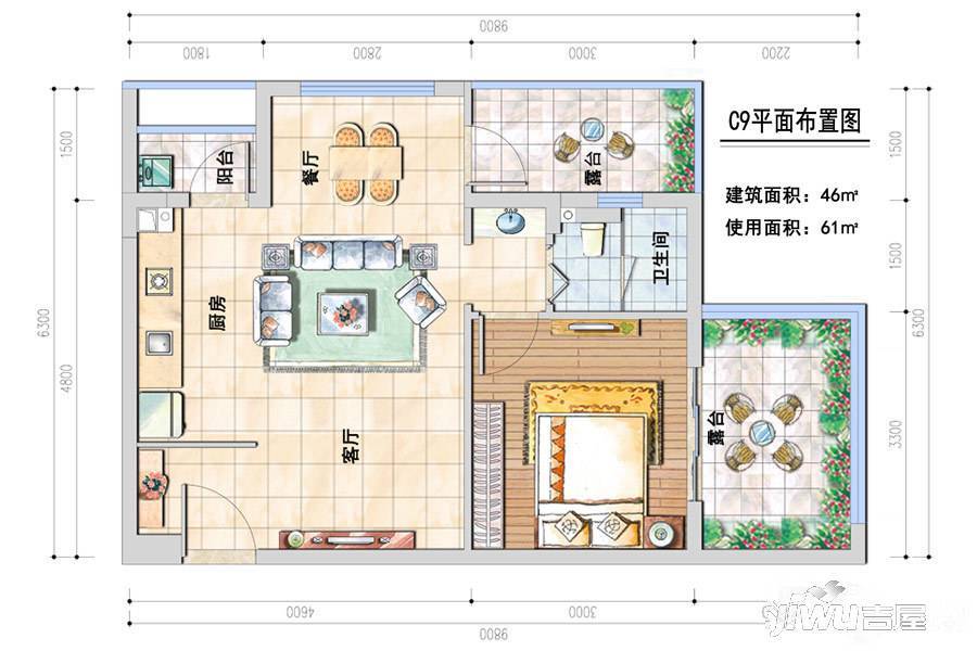 宝信青城1室2厅1卫46㎡户型图