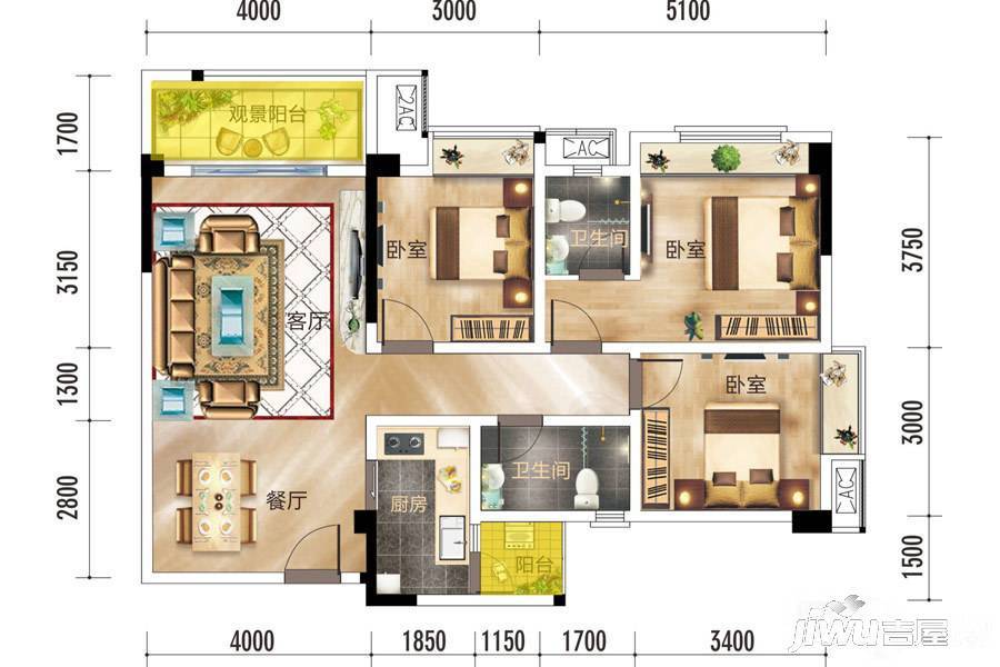 中兴华庭3室2厅2卫113.6㎡户型图