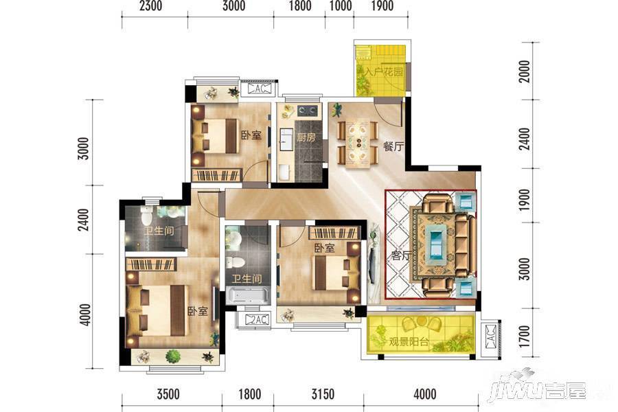 中兴华庭3室2厅2卫115.6㎡户型图