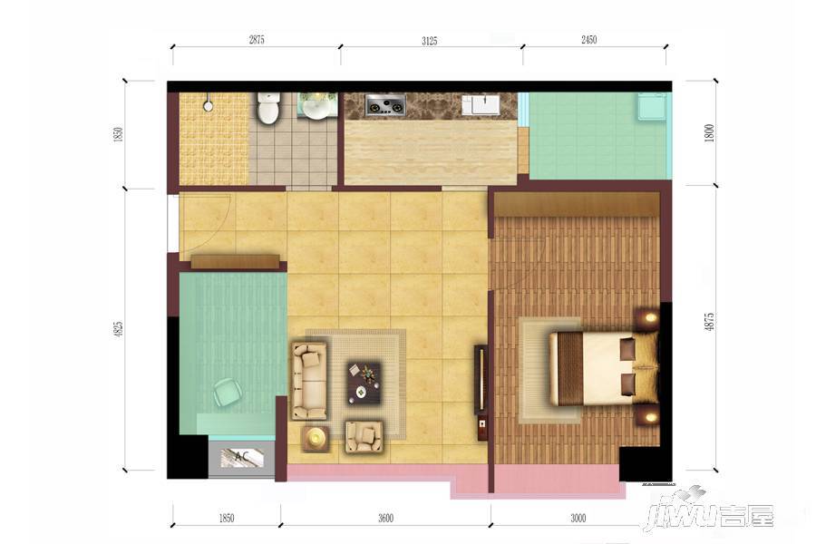 SG珊顿道1室2厅1卫66.5㎡户型图