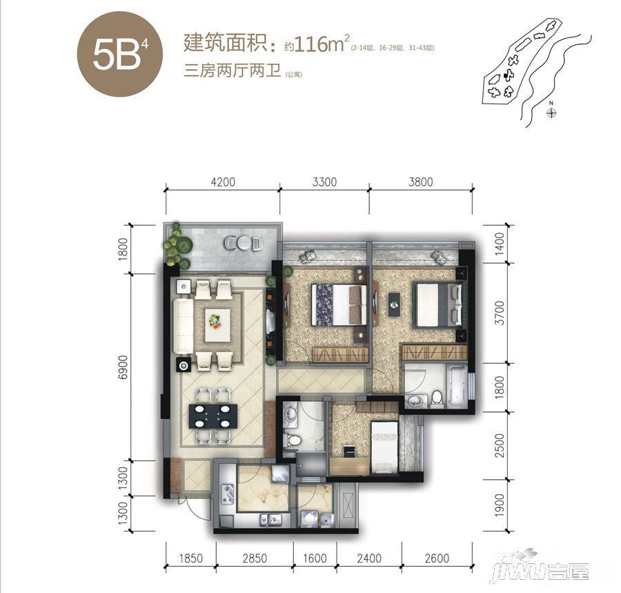 大魔方3室2厅2卫116㎡户型图