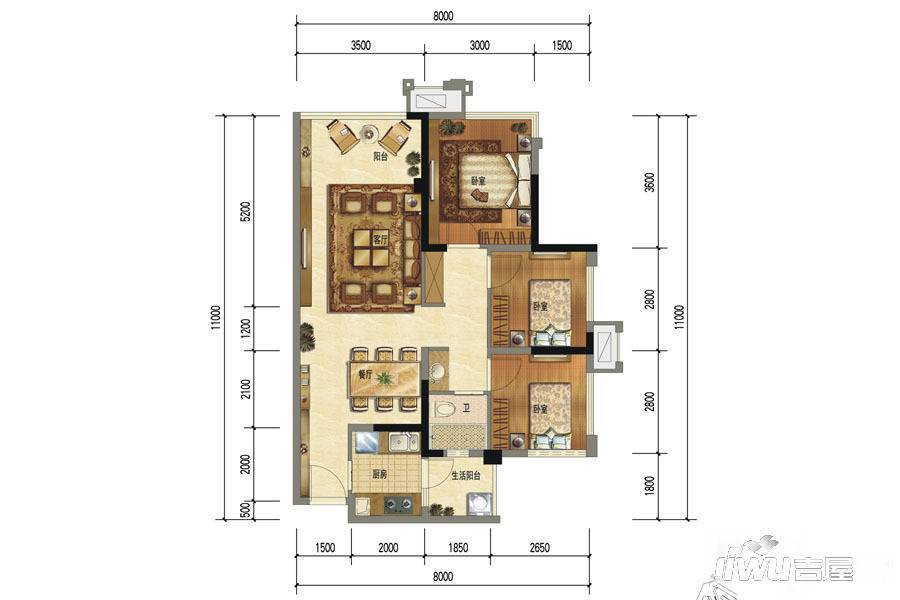 优品道珑苑3室2厅1卫73㎡户型图