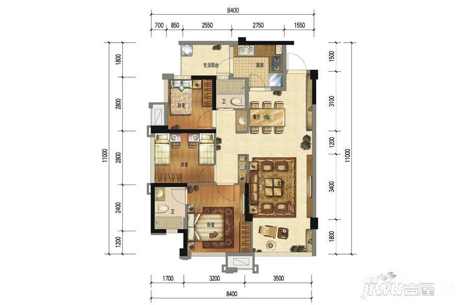 优品道珑苑3室2厅2卫79㎡户型图