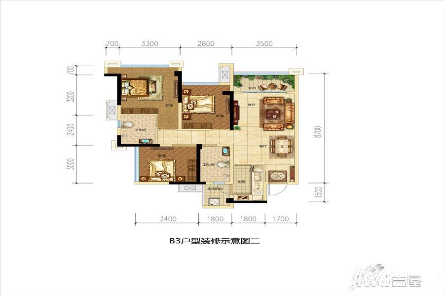 朗基少东家3室2厅2卫91㎡户型图